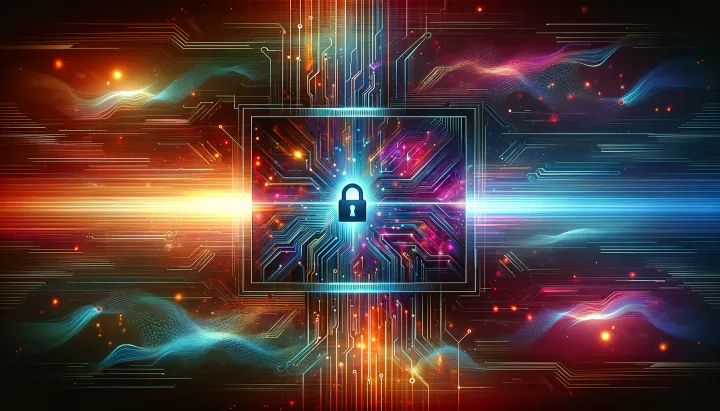 Futuristic image of multicolor circuitry, quantum effects, and a lock.