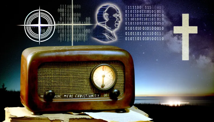 A vintage radio, an image of C.S. Lewis, binary code, a north star, and a Christian cross.