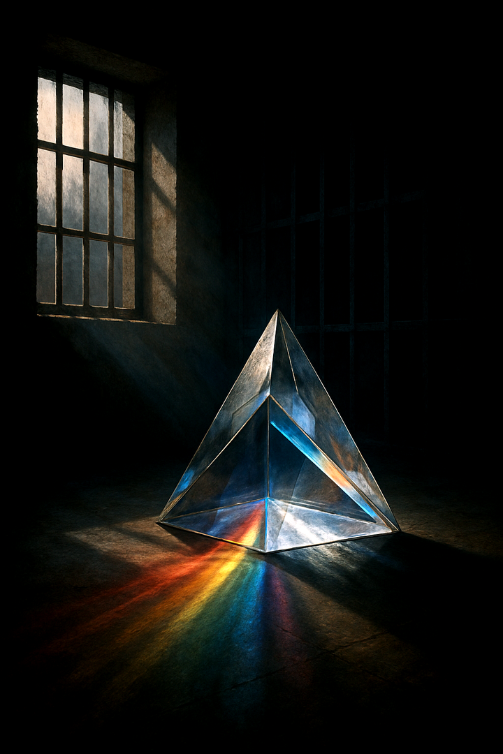 A prism splitting light in a prison cell, image generated by DALL-E